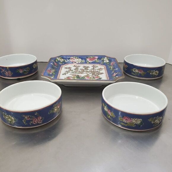 Bonsai Medallion Plate w/ 4 rice bowls Macau - Picture 3 of 9